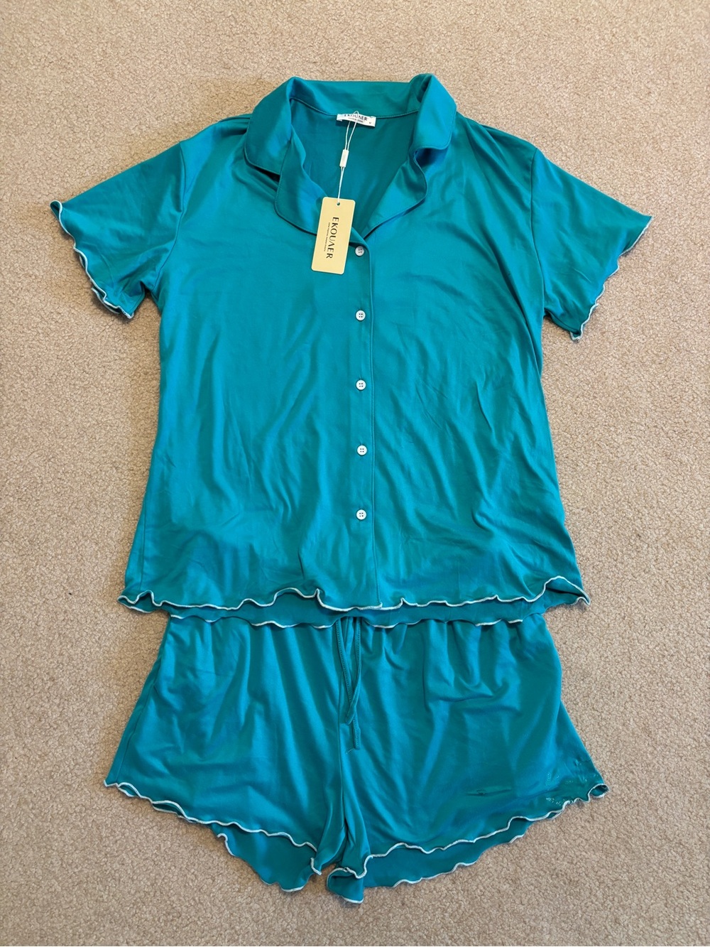 Ekouaer Teal Short Sleeve Button Pajama Top Size Medium
